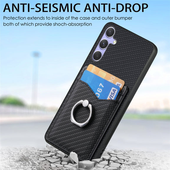 For Samsung Galaxy S25 Ultra 5G Carbon Fiber Card Wallet Ring Phone Case(Green)