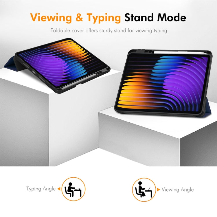 For Xiaomi Pad 7 / 7 Pro 11.2 ENKAY Tri-fold Custer Texture TPU Leather Smart Tablet Case with Pen Slot(Dark Blue)