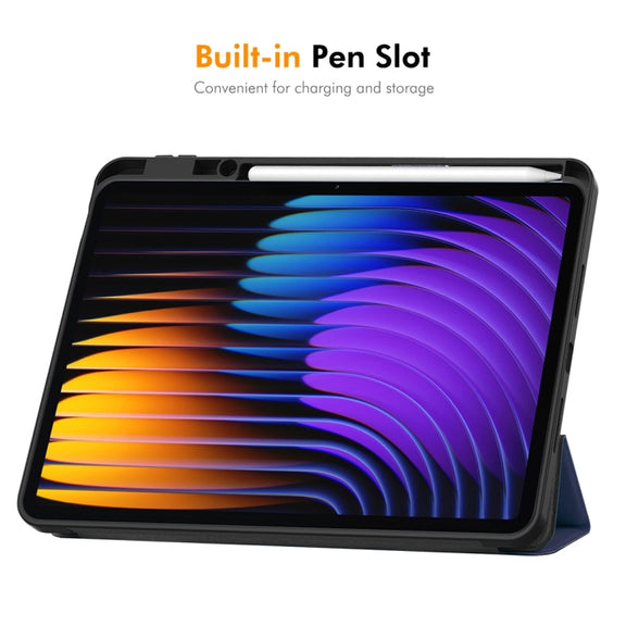 For Xiaomi Pad 7 / 7 Pro 11.2 ENKAY Tri-fold Custer Texture TPU Leather Smart Tablet Case with Pen Slot(Dark Blue)