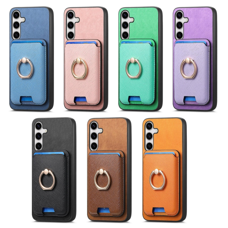 For Samsung Galaxy S25 5G Retro Cross Leather Ring Vertical Insert Card Bag MagSafe Phone Case(Black)