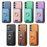 For Samsung Galaxy S25 5G Retro Cross Leather Ring Vertical Insert Card Bag MagSafe Phone Case(Pink)