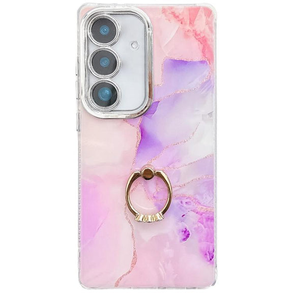 For Samsung Galaxy S25 5G Electroplated Marble Texture Ring Holder Phone Case(Pink Purple S4)