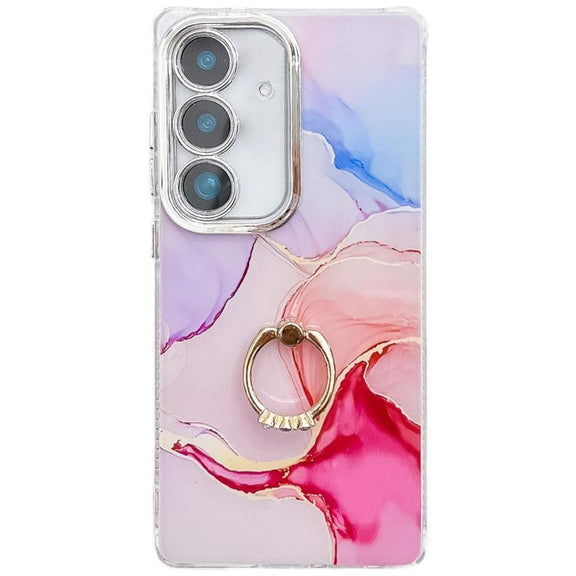 For Samsung Galaxy S25 5G Electroplated Marble Texture Ring Holder Phone Case(Red S7)