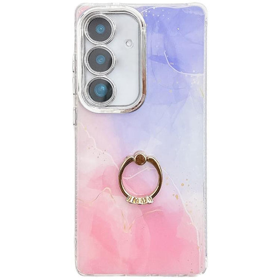 For Samsung Galaxy S25 5G Electroplated Marble Texture Ring Holder Phone Case(Purple Pink S14)
