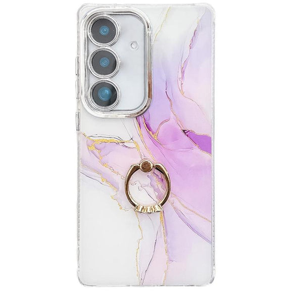 For Samsung Galaxy S25+ 5G Electroplated Marble Texture Ring Holder Phone Case(Light Purple S6)