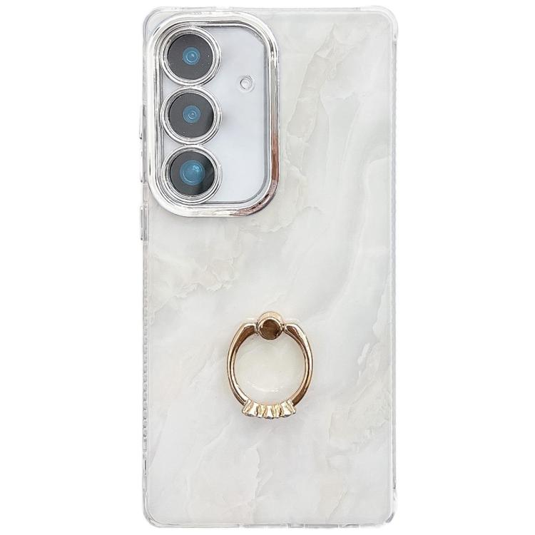 For Samsung Galaxy S25+ 5G Electroplated Marble Texture Ring Holder Phone Case(White S8)