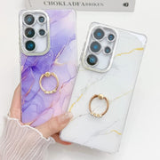For Samsung Galaxy S25 5G Electroplated Marble Texture Ring Holder Phone Case(Dark Blue S16)