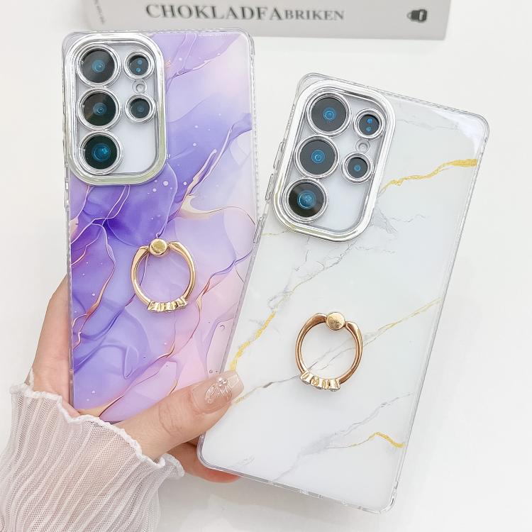 For Samsung Galaxy S25+ 5G Electroplated Marble Texture Ring Holder Phone Case(Purple S3)