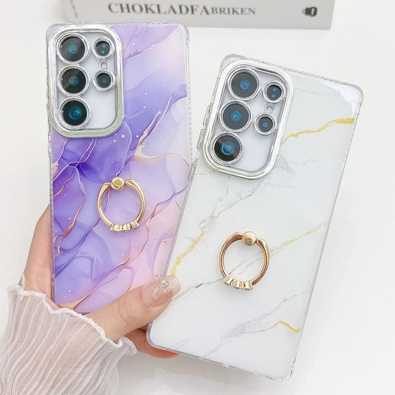 For Samsung Galaxy S25 Ultra 5G Electroplated Marble Texture Ring Holder Phone Case(Purple S3)