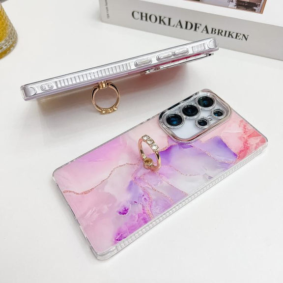 For Samsung Galaxy S25 5G Electroplated Marble Texture Ring Holder Phone Case(Purple Pink S14)