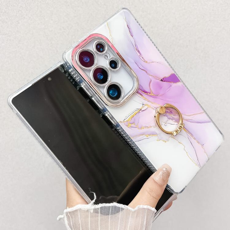 For Samsung Galaxy S25 Ultra 5G Electroplated Marble Texture Ring Holder Phone Case(Blue Purple S10)