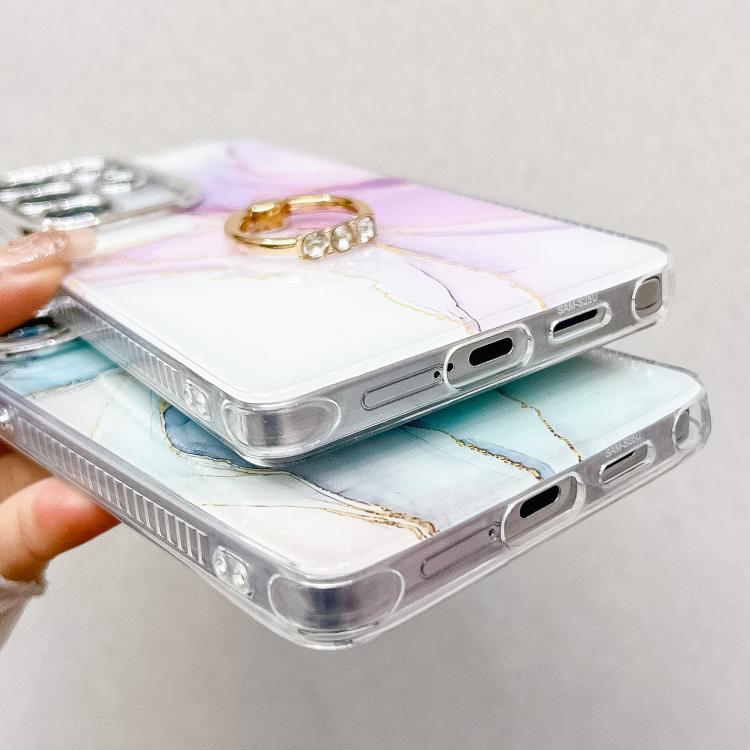 For Samsung Galaxy S25 5G Electroplated Marble Texture Ring Holder Phone Case(Purple Pink S14)