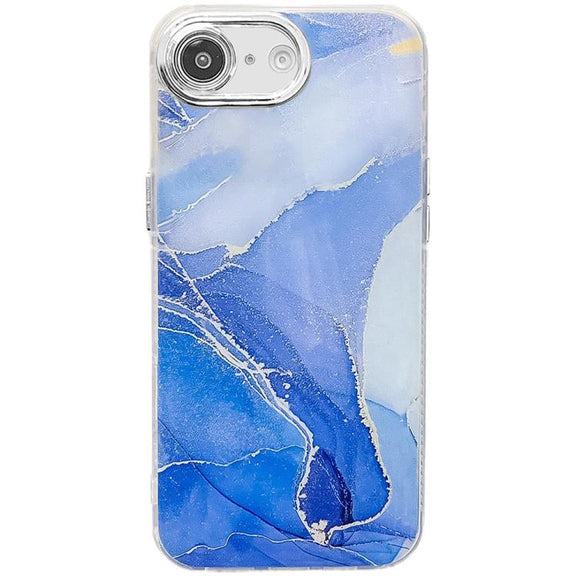 For iPhone 16e Electroplated Marble Texture Phone Case(Dark Blue M16)