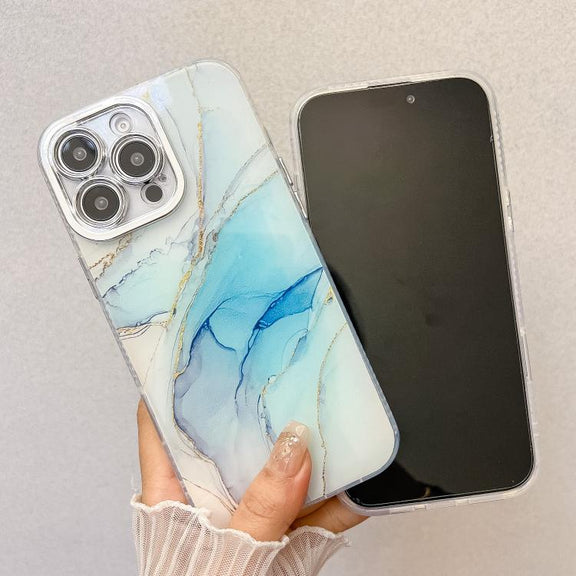 For iPhone 16e Electroplated Marble Texture Phone Case(Dark Blue M16)