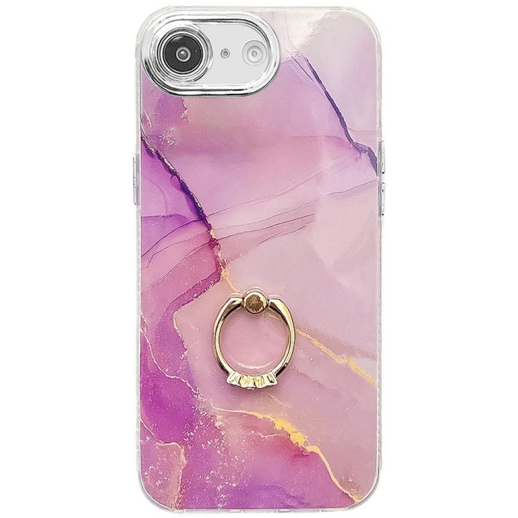 For iPhone 16e Electroplated Marble Texture Ring Holder Phone Case(Gold Purple Red S15)