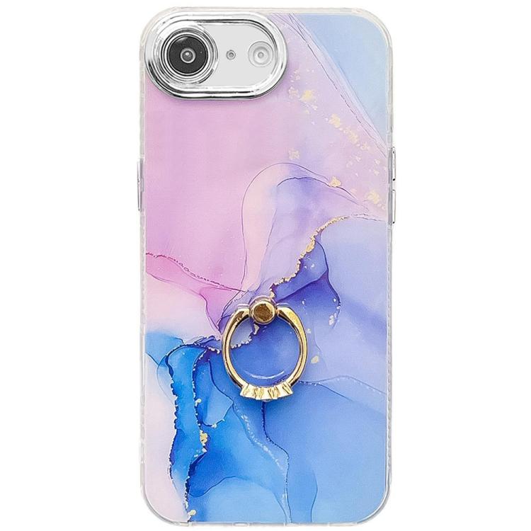 For iPhone 16e Electroplated Marble Texture Ring Holder Phone Case(Purple Blue S18)