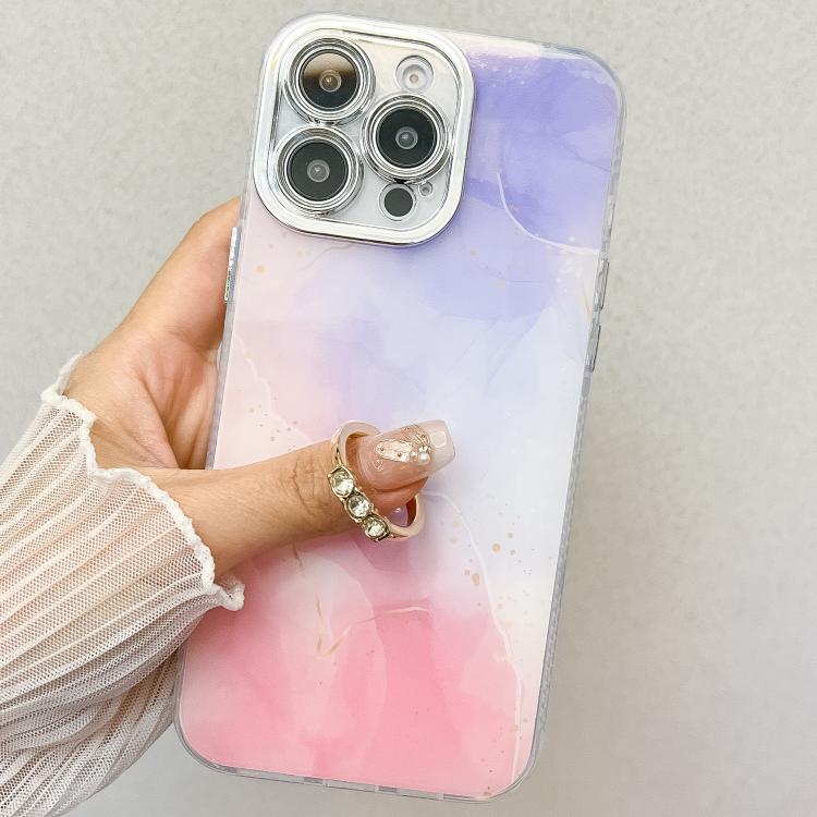 For iPhone 16e Electroplated Marble Texture Ring Holder Phone Case(Yellow Green S13)