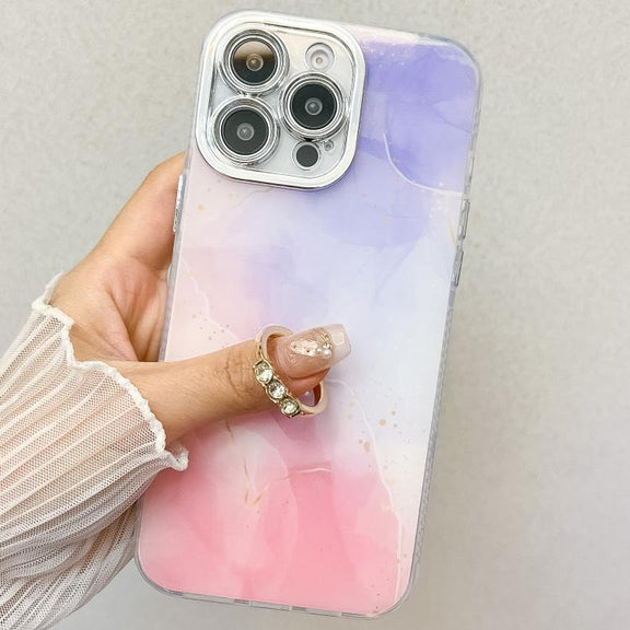 For iPhone 16e Electroplated Marble Texture Ring Holder Phone Case(Yellow Green S13)