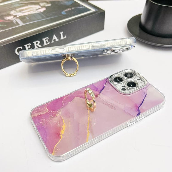 For iPhone 16e Electroplated Marble Texture Ring Holder Phone Case(Yellow Green S13)