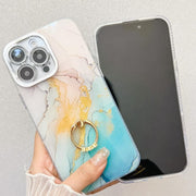 For iPhone 16e Electroplated Marble Texture Ring Holder Phone Case(Yellow Green S13)