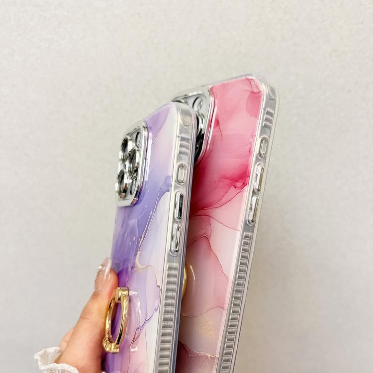 For iPhone 16e Electroplated Marble Texture Ring Holder Phone Case(Gold White S1)