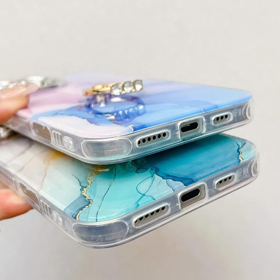 For iPhone 16e Electroplated Marble Texture Ring Holder Phone Case(Yellow Green S13)
