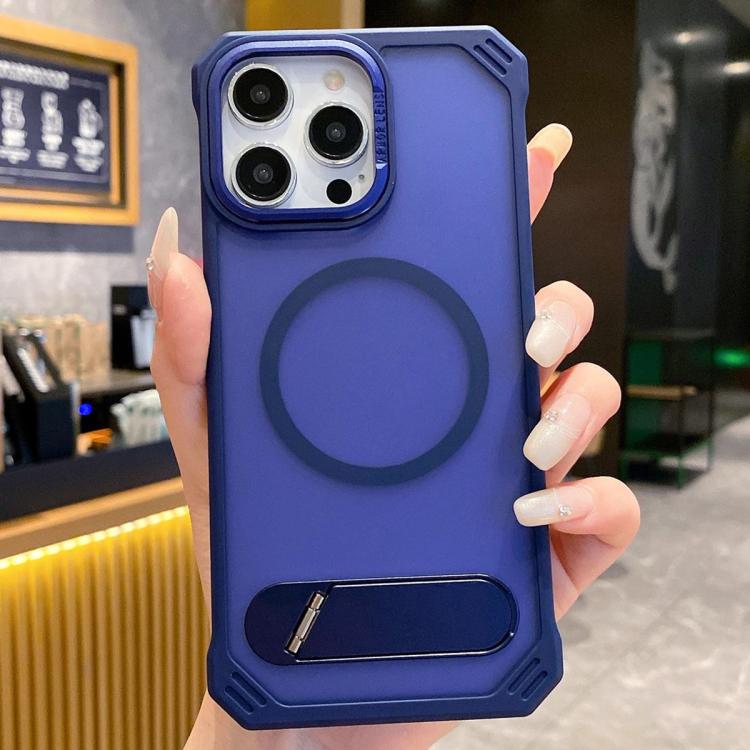 For iPhone 13 Pro Skin Feel Frameless MagSafe PC Phone Case with Fold Holder(Blue)