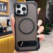 For iPhone 13 Pro Max Skin Feel Frameless MagSafe PC Phone Case with Fold Holder(Black)