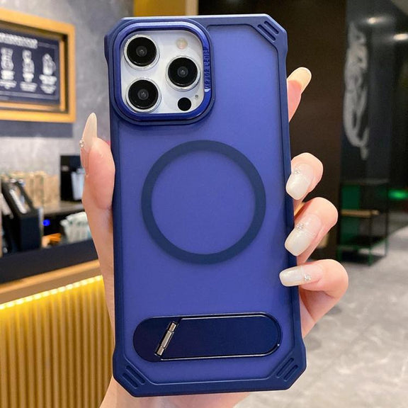 For iPhone 15 Pro Skin Feel Frameless MagSafe PC Phone Case with Fold Holder(Blue)