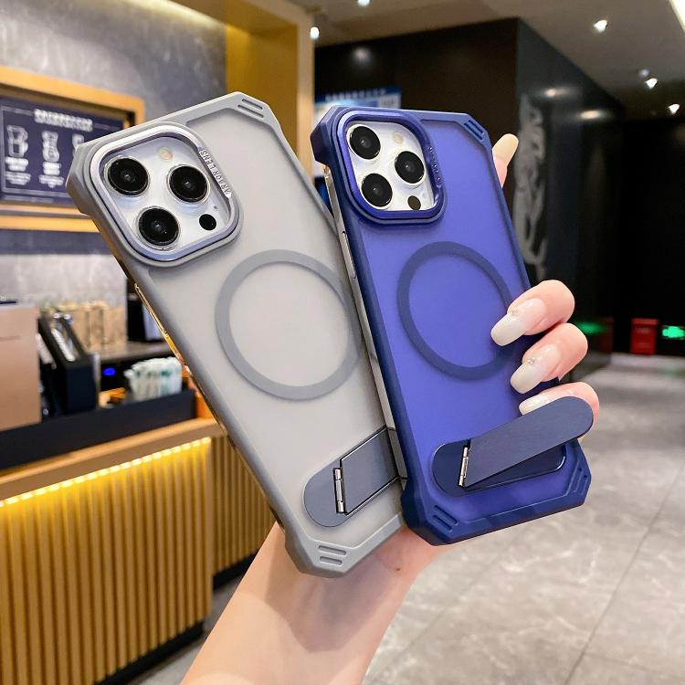 For iPhone 16 Pro Skin Feel Frameless MagSafe PC Phone Case with Fold Holder(Blue)