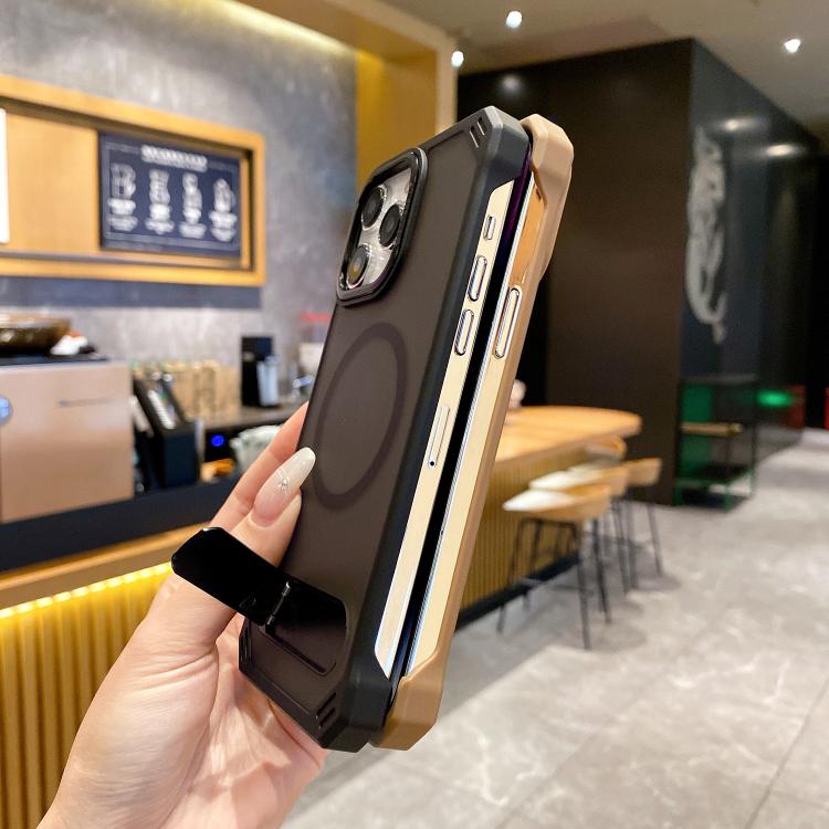 For iPhone 14 Pro Max Skin Feel Frameless MagSafe PC Phone Case with Fold Holder(Black)