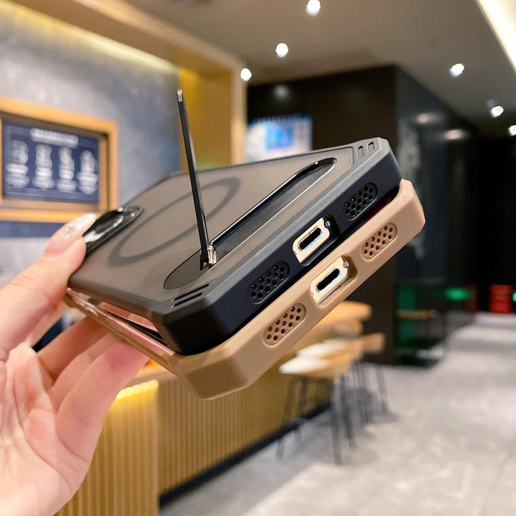 For iPhone 13 Pro Max Skin Feel Frameless MagSafe PC Phone Case with Fold Holder(Grey)