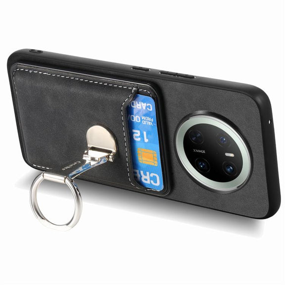For Huawei Mate 70 Pro Retro Folding Ring Holder Card Bag MagSafe Phone Case(Black)