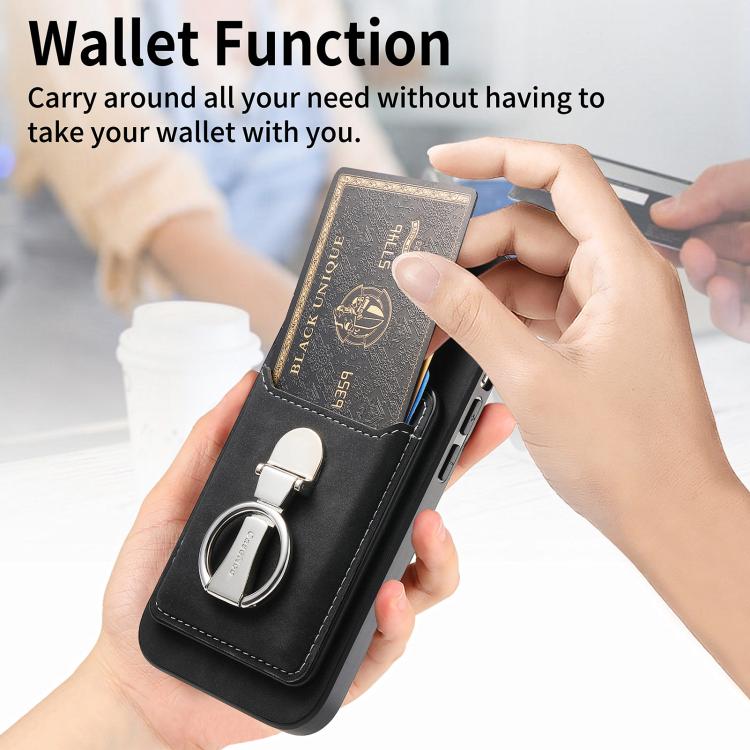 For Huawei Mate 70 Pro Retro Folding Ring Holder Card Bag MagSafe Phone Case(Black)