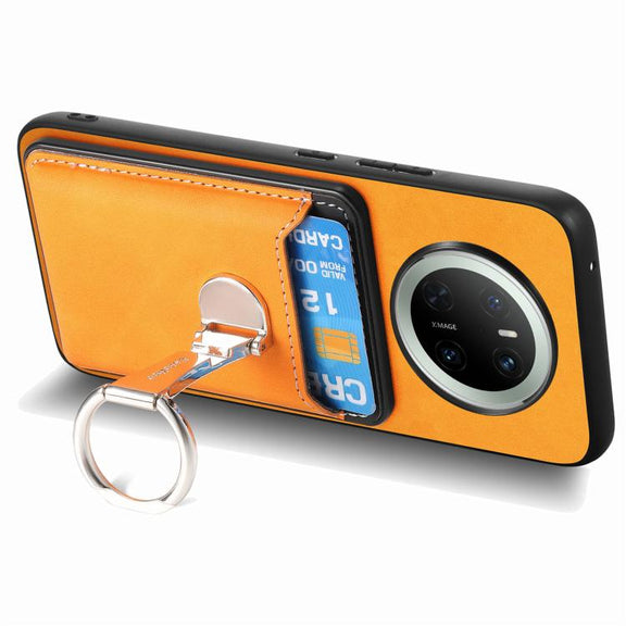 For Huawei Mate 70 Pro Retro Folding Ring Holder Card Bag MagSafe Phone Case(Yellow)