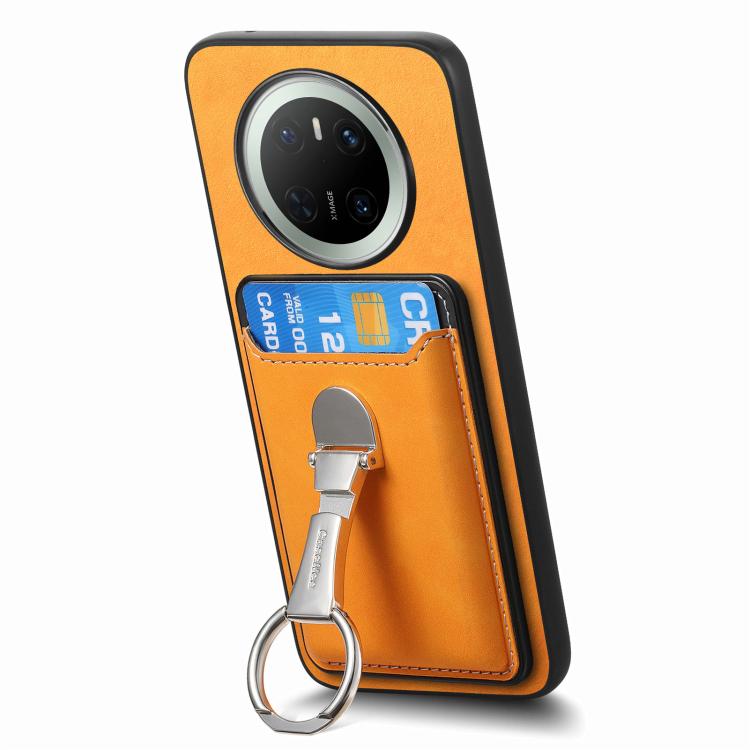 For Huawei Mate 70 Pro Retro Folding Ring Holder Card Bag MagSafe Phone Case(Yellow)