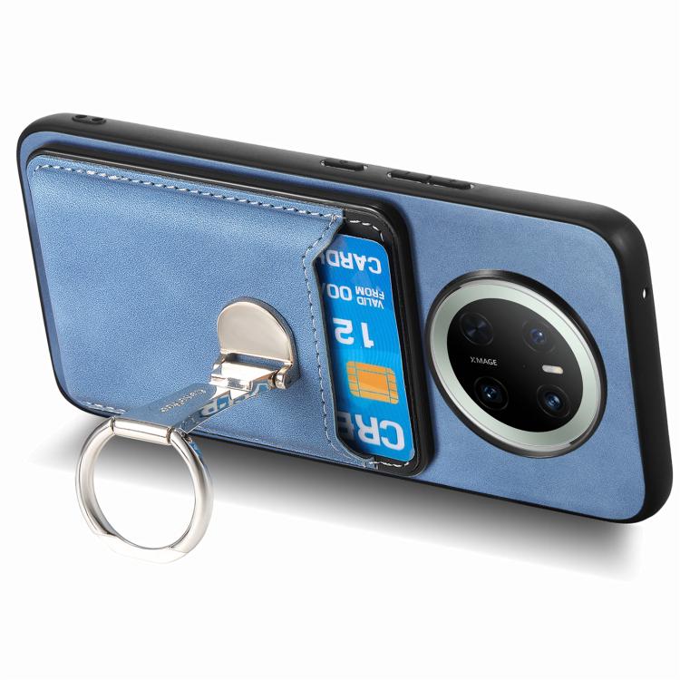 For Huawei Mate 70 Pro Retro Folding Ring Holder Card Bag MagSafe Phone Case(Blue)