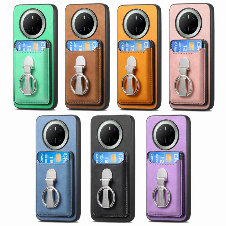 For Huawei Mate 70 Pro Retro Folding Ring Holder Card Bag MagSafe Phone Case(Green)