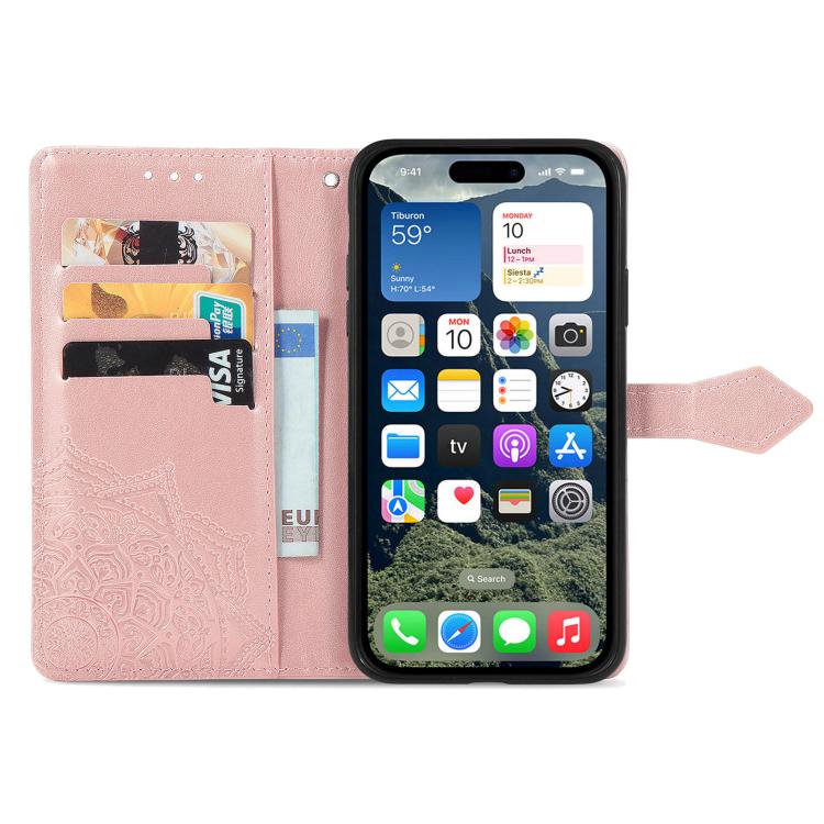 For iPhone 16e Mandala Flower Embossed Leather Phone Case(Rose Gold)
