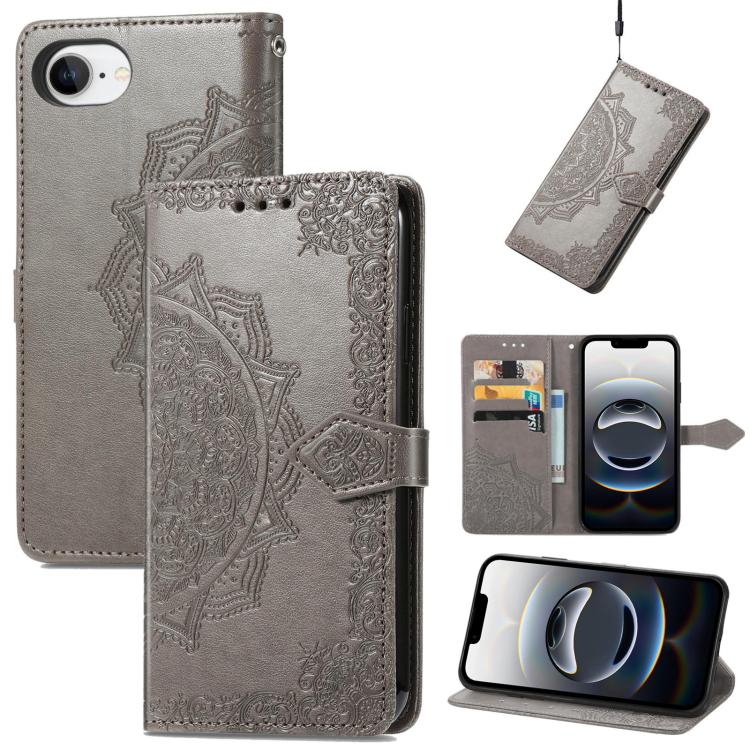 For iPhone 16e Mandala Flower Embossed Leather Phone Case(Gray)