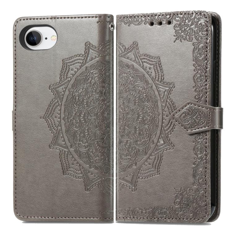 For iPhone 16e Mandala Flower Embossed Leather Phone Case(Gray)