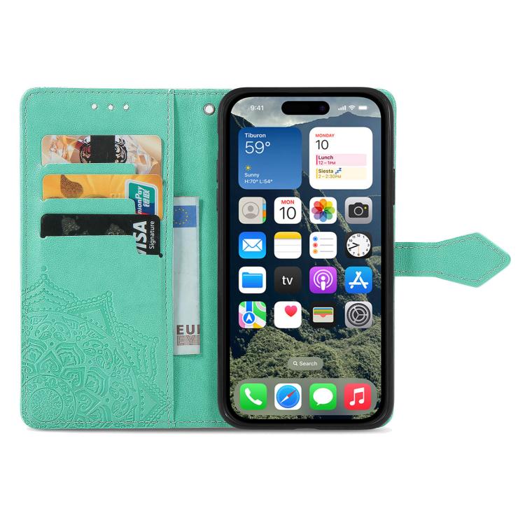 For iPhone 16e Mandala Flower Embossed Leather Phone Case(Green)