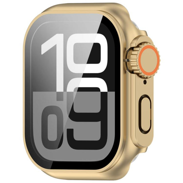 For Apple Watch Series 10 46mm Change to Ultra 49mm Tempered Film Integrated PC Button Watch Case(Champagne Gold)