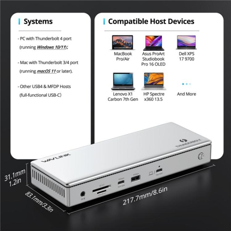 WAVLINK UTD45 96W Charging 8K / 4K Display Thunderbolt 4 Docking Station 13-in-1 Hub(US Plug)