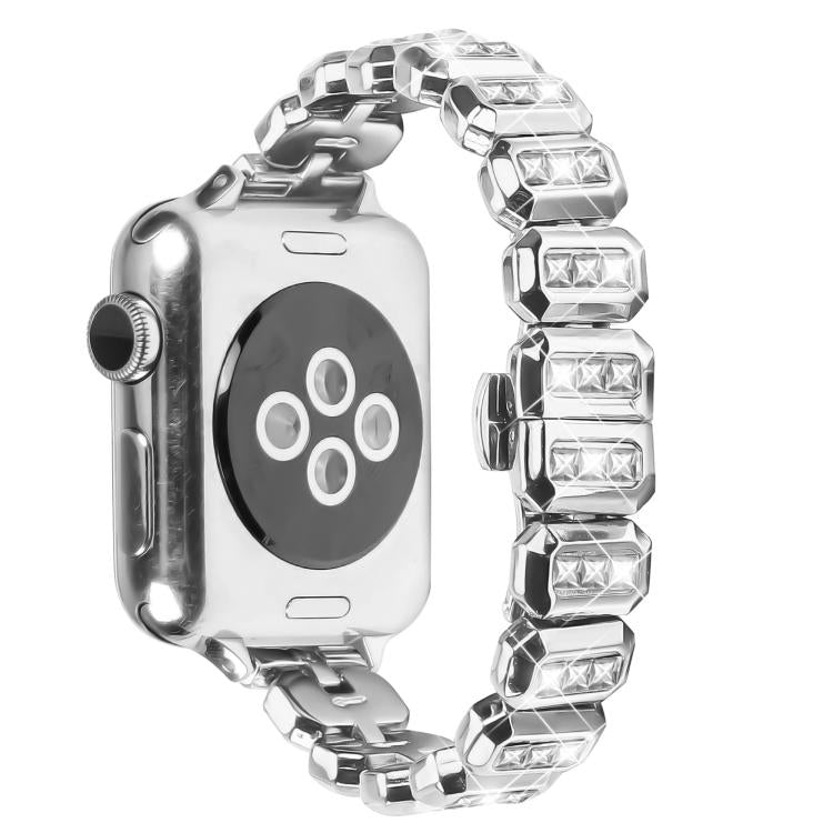 For Apple Watch 46mm / 49mm / 45mm / 44mm Small Square Diamonds Butterfly Buckle Watch Band(Silver)