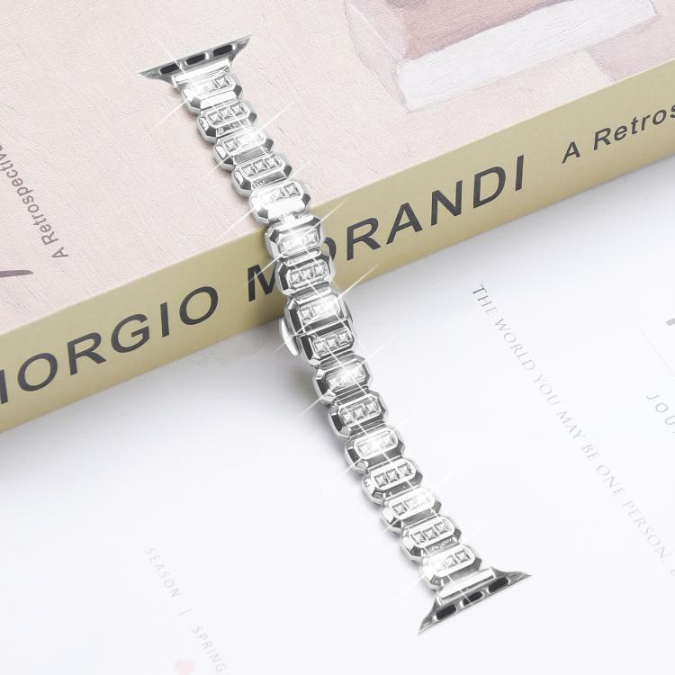 For Apple Watch 46mm / 49mm / 45mm / 44mm Small Square Diamonds Butterfly Buckle Watch Band(Silver)