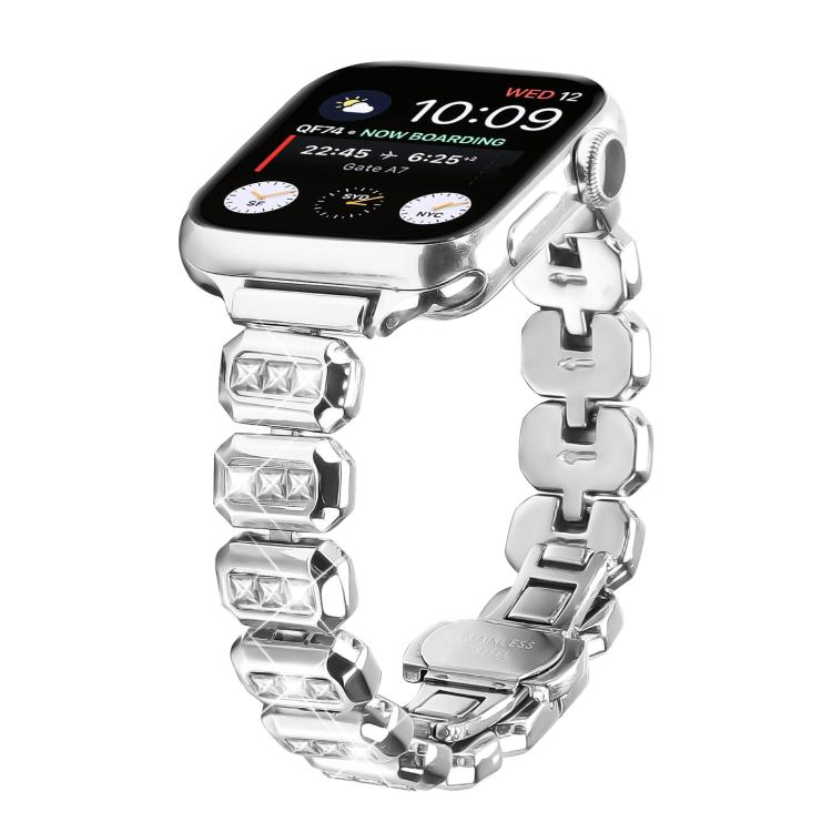 For Apple Watch 42mm / 41mm / 40mm / 38mm Small Square Diamonds Butterfly Buckle Watch Band(Silver)