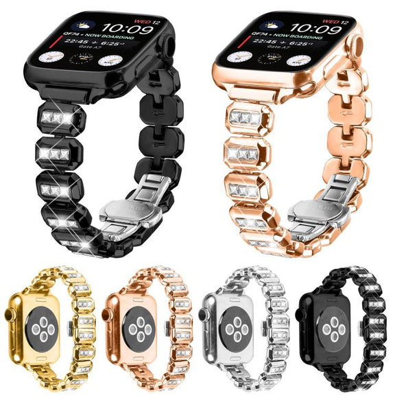 For Apple Watch 46mm / 49mm / 45mm / 44mm Small Square Diamonds Butterfly Buckle Watch Band(Silver)