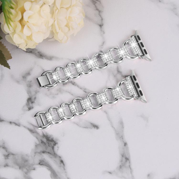 For Apple Watch 46mm / 49mm / 45mm / 44mm Oval Diamonds Steel Watch Band(Silver)