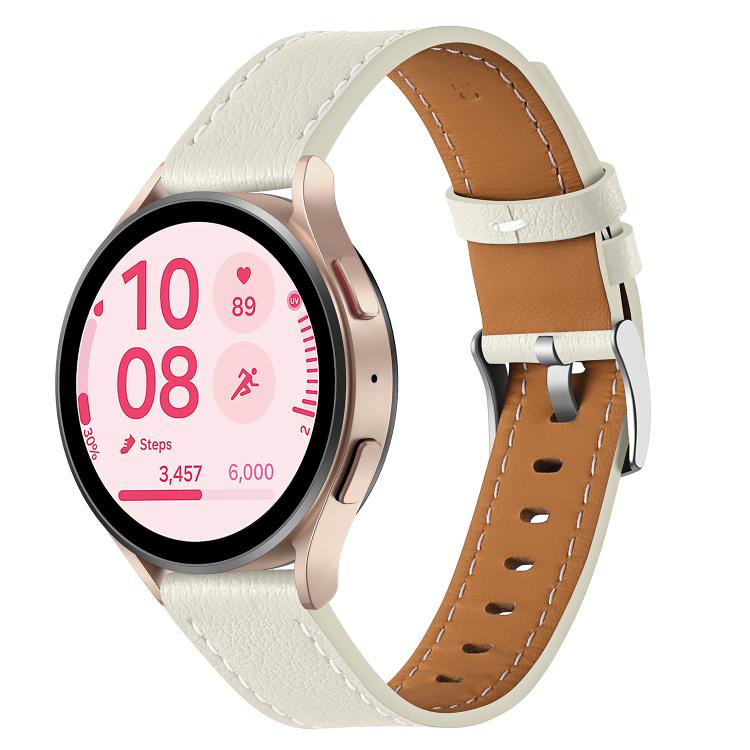 22mm Push Button Silver Steel Buckle Genuine Leather Watch Band(Beige)